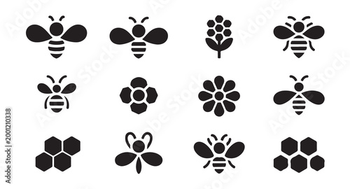 Bee and flower icon collection with honeycomb patterns and nature symbols in vector format.