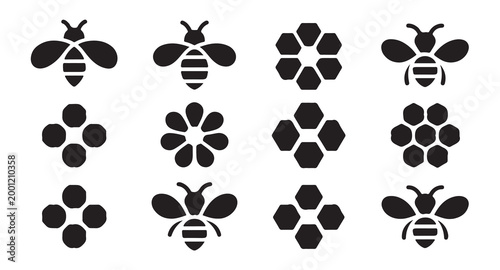 Symmetric bee and honeycomb pattern icons for branding and natural organic product designs.