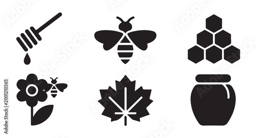 Natural honey production icons featuring bees flower honeycomb and glass jar vector elements.