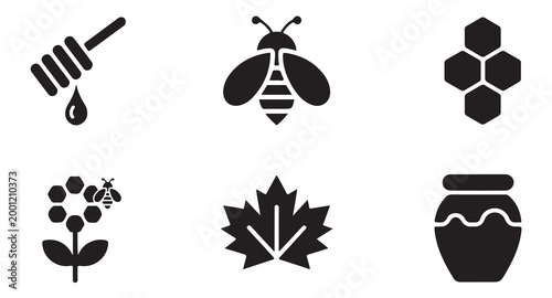 Honey bee icon set with honeycomb leaf jar and dipper stick for natural organic food design.
