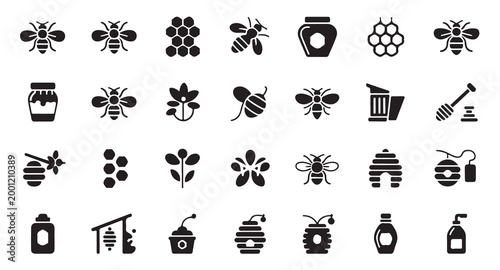 Apiculture brand identity icons including beehives bees honey bottles and flower silhouettes.