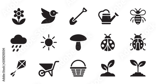 Spring garden icons set featuring flowers birds shovels watering cans and bees.