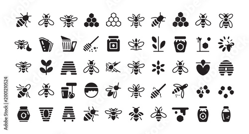 Set of bee and honey related icons including hives flowers jars and other related elements.