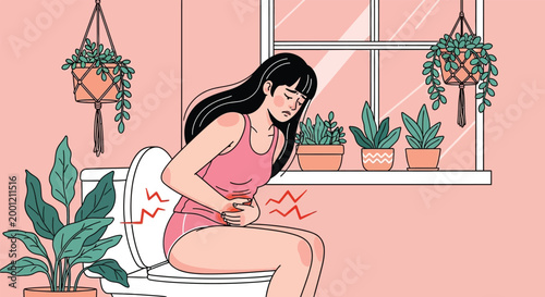 Stomach ache illustration, woman with abdominal pain on toilet, digestive health vector