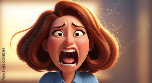 Cartoon woman with shocked facial expression.