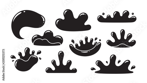 Collection of dynamic black liquid splashes and blobs with abstract background ink blot drop shape paint splatter