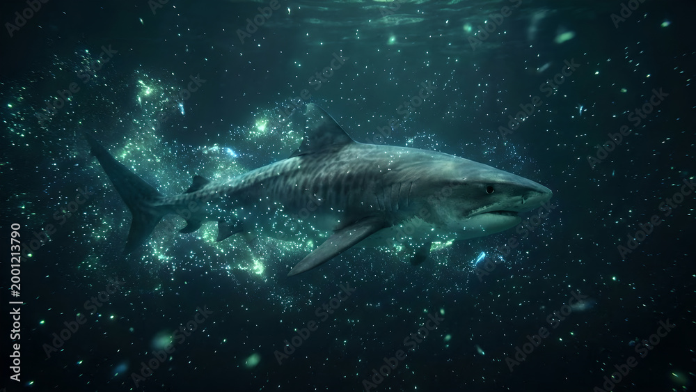 Fototapeta premium Deep Ocean Encounter: Mysterious Shark Glows in Bioluminescent Depths
