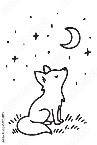 A simple vector art of a wolf howling in the middle of the night, illustrated with clean lines and a minimal style, creating a calm, mysterious, and atmospheric nocturnal scene.