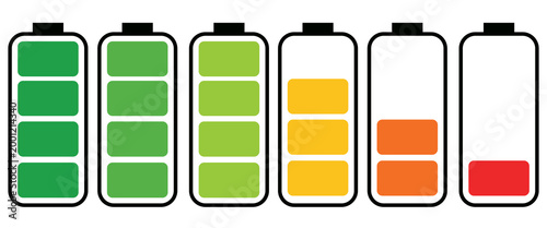 The image presents a series of six vector battery icons with increasing charging levels, depicted in shades of red, orange, yellow and green against a clean white background.