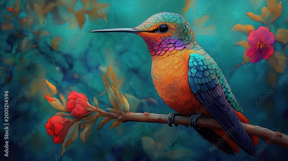 Fototapeta premium vibrant hummingbird perched on a flowering branch with red blossoms against a dreamy teal background, serene and whimsical