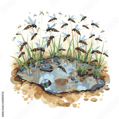 Vector illustration of numerous mosquitoes swarming over a murky puddle of stagnant water, designed with a dark, realistic style that emphasizes pollution and an unhealthy setting.