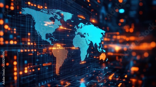 futuristic holographic world map in blue over a glowing orange data grid conveying dynamic global connectivity and high-energy digital flow