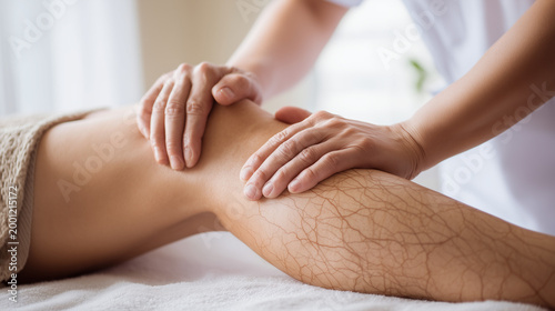 Close up of therapist massaging patient knee during physiotherapy session, representing rehabilitation, healthcare, pain relief, wellness, and physical recovery.