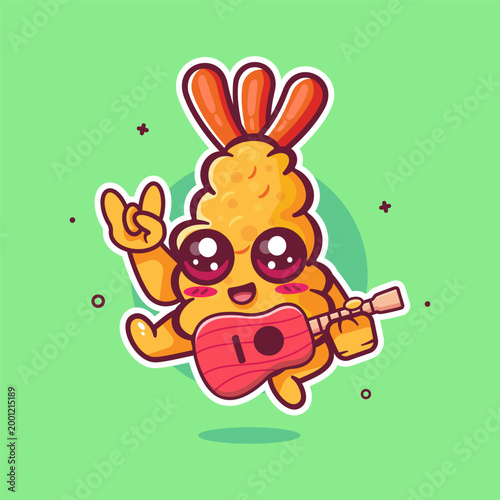 cool ebi fry food character mascot playing guitar isolated cartoon