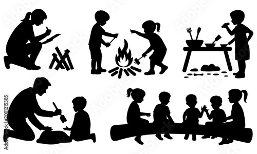 silhouette of people camping and cooking outdoors with children  people sitting around a campfire