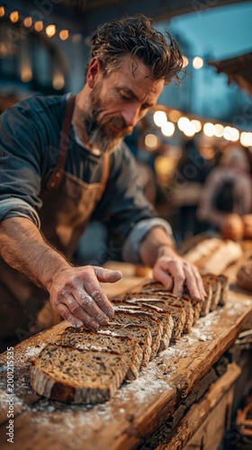Baker arranging sliced bread on a wooden board