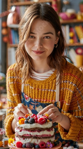 Woman decorating a berry cake
