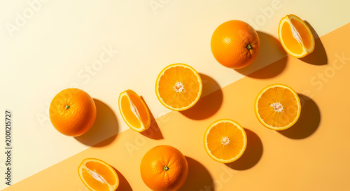Minimalist top view of fresh whole and sliced oranges on a two-tone beige and orange background with harsh artistic shadows