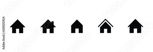 Minimalist house icon set, black home silhouette symbols, collection of 5 simple building vector graphics for web navigation and real estate apps