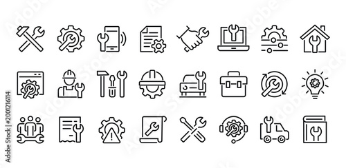 Technical support line icons set, 24 maintenance and repair service vector symbols, industrial engineering and hardware tool outline icons for web design