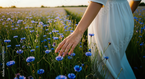 Woman in white dress walking and touching blue cornflowers in a blooming summer field at sunset