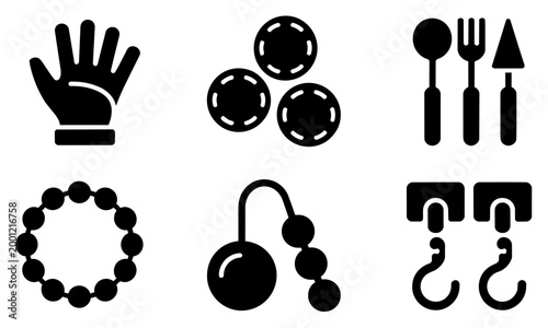 Black icons of hand glove beads jewelry and kitchen utensils on white background