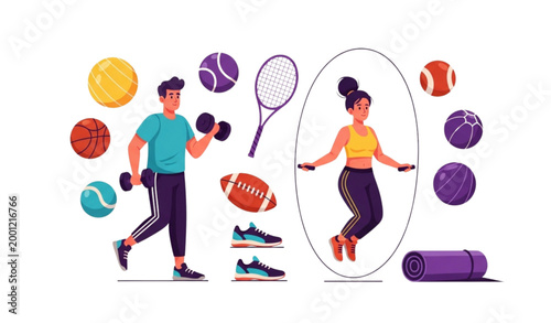 Healthy lifestyle illustration couple exercising with sports equipment