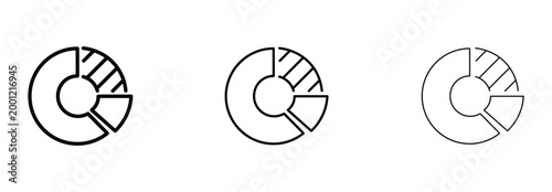 Minimalist donut chart icons in three line weights, circular financial data visualization set, black outline pie graph vector elements for business reports