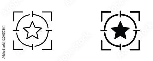 Minimalist target star icons, black line art crosshair symbols, focus and goal achievement vector graphics, set of 2 UI elements for web design