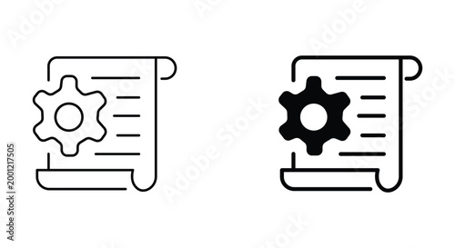 Minimalist technical documentation icons, gear and paper scroll vector symbols, software configuration and instruction manual linear graphics