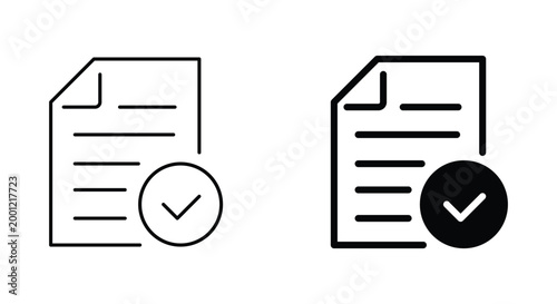 Minimalist document checkmark icons, approved paper file vector set, black outline and solid style symbols for business verification and success