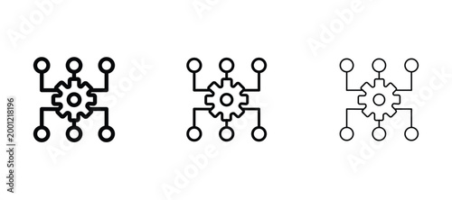 Minimalist automation icon set, digital workflow and data processing vector, black line gear and network node symbols for technology interface