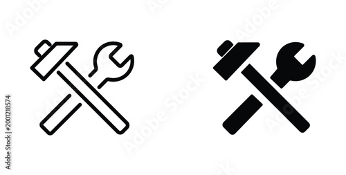 Minimalist hammer and wrench icon set, crossed hardware tools vector, black outline and solid silhouette repair symbols for construction and maintenance