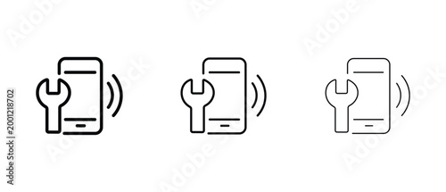 Minimalist smartphone repair icon set, mobile phone maintenance line art, technical support and device service vector graphics in three stroke weights