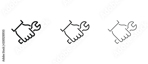 Minimalist hand holding wrench icon set, black line art repair tool symbols, industrial maintenance and technical support vector graphics