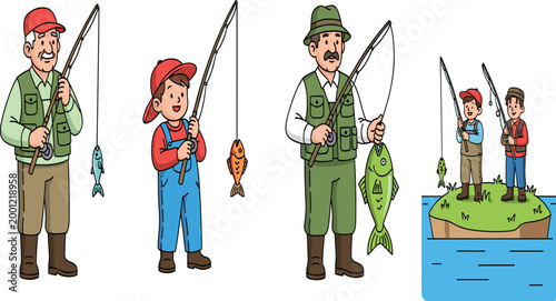 Cute Cartoon Fishing Characters Collection Featuring Adult and Child Anglers with Rods Caught Fish and Island Scene Vector