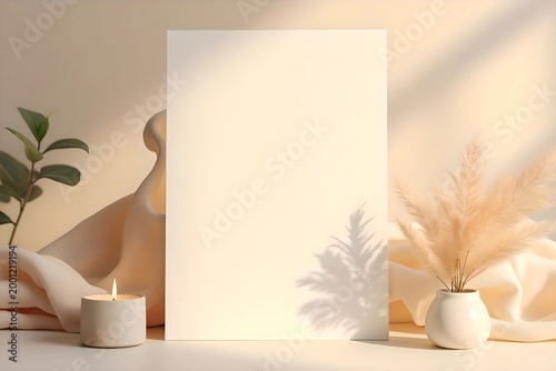 Clean minimalist blank note paper mockup , incorporated into a warm beige home decor living room, serene neutral tone