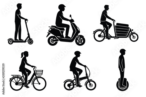 Urban Micro-Mobility Silhouette Vector Set, Electric Scooter E-bike and Cargo Bike Icons, Minimalist Black and White City Commuter Illustrations on Transparent Background