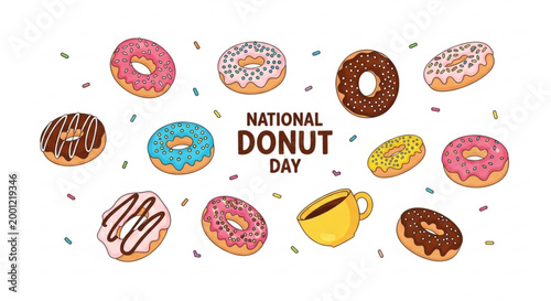 Assorted colorful donuts arranged with coffee for national donut day celebration vibrant illustration with sprinkles and frosting