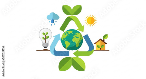 Recycling symbol with earth at the center surrounded by green leaves sun rain cloud lightbulb and house icons emphasizing sustainability