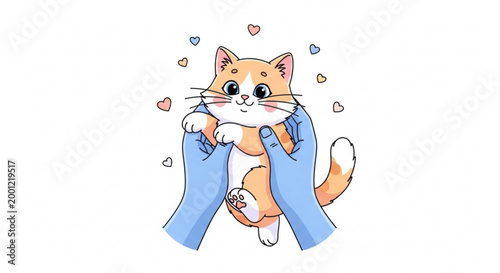 Adorable kitten with pink and orange fur being gently cradled in blue hands surrounded by floating hearts and love symbols symbolizing affection and care