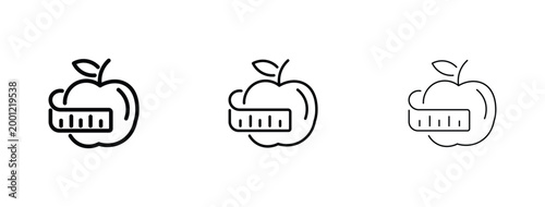 Minimalist apple with measuring tape icons, healthy diet and weight loss concept vector, thin line fruit nutrition symbols for fitness apps