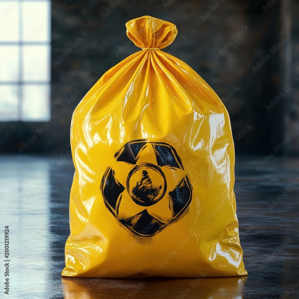 © zong - shiny yellow waste bag stamped with radiation hazard symbol on concrete floor in dim industrial room, ominous and unsettling mood