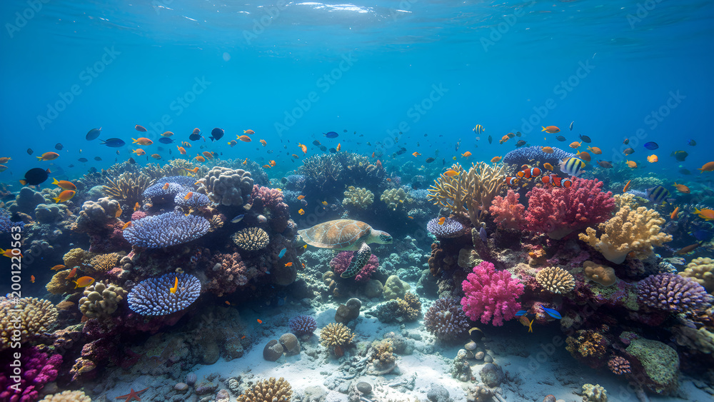 Obraz premium Dive into Vibrant Coral Reefs with Marine Life Abundance