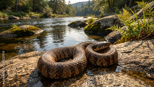 Serpent rests by a tranquil forest stream under golden light