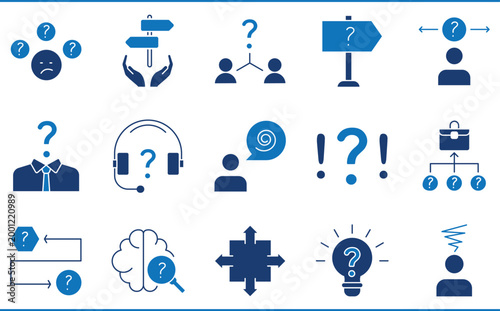 A set of icons related to Confusion. Confuse, question, career, decide, forget, option, choose, and so on.