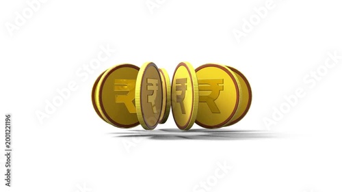 3D Golden Rupee Coins Rotating in Seamless Loop on White Background