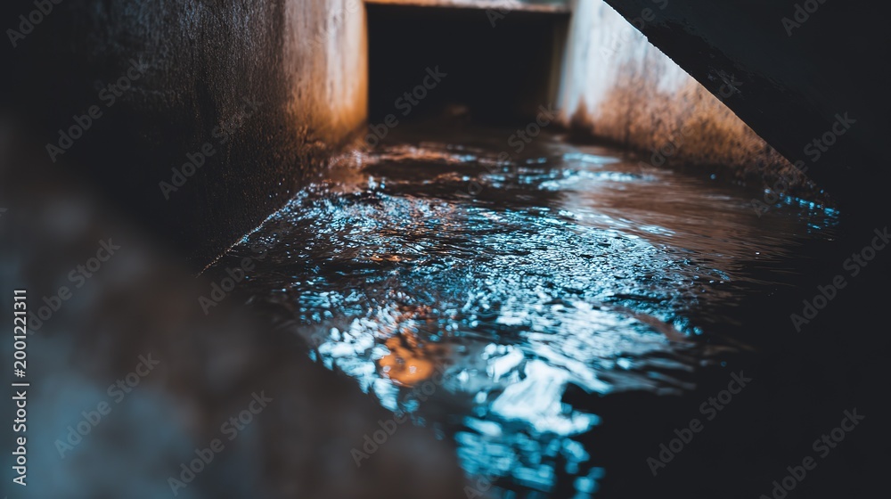 Obraz premium Stream flowing through concrete culvert creating perfect mirror reflection with water distortion, cool blue-gray tones under natural light