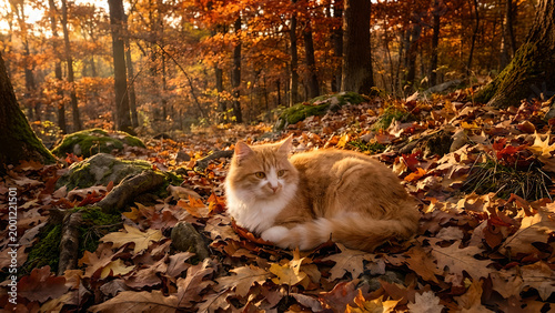 A cozy autumn cat enjoying the golden forest floor