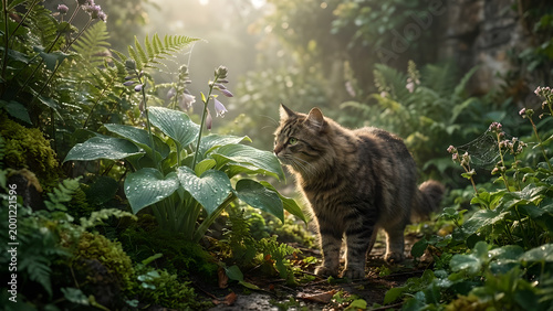 Serene Forest Encounter: A Cat Explores Nature’s Beauty